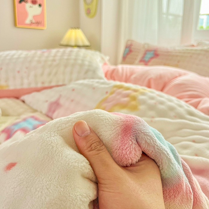 91家纺网 家纺一手货源 找家纺 梦纤绒 2025新款保暖舒适亲肤泡泡绒四件套 梦幻五角星粉