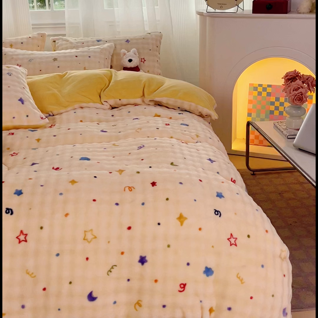 91家纺网 家纺一手货源 找家纺 梦纤绒 2025新款保暖舒适亲肤泡泡绒四件套 星月传奇