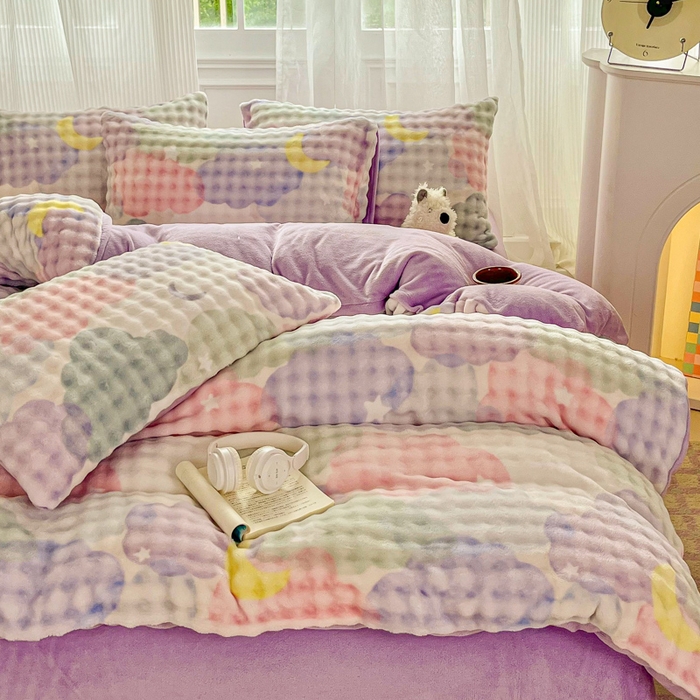 91家纺网 家纺一手货源 找家纺 梦纤绒 2025新款保暖舒适亲肤泡泡绒四件套 星月云朵