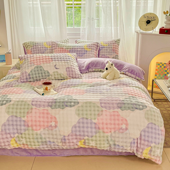 91家纺网 家纺一手货源 找家纺 梦纤绒 2025新款保暖舒适亲肤泡泡绒四件套 星月云朵