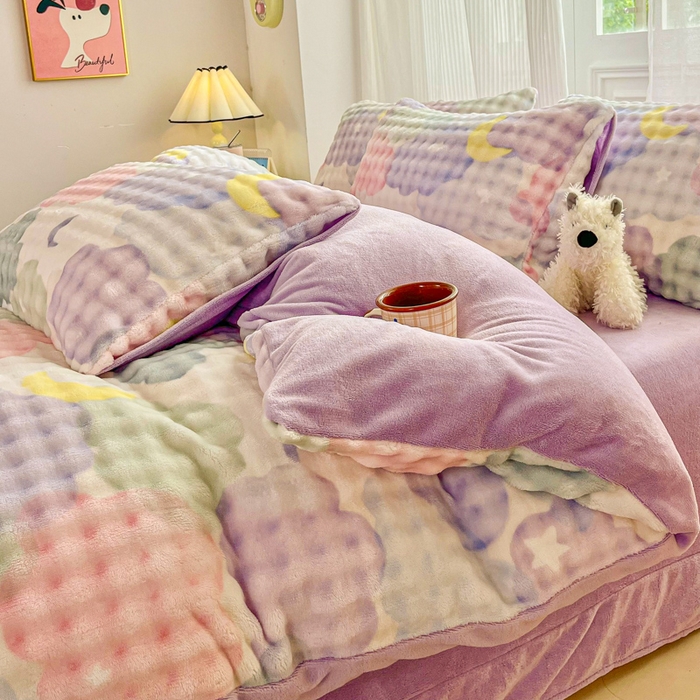 91家纺网 家纺一手货源 找家纺 梦纤绒 2025新款保暖舒适亲肤泡泡绒四件套 星月云朵