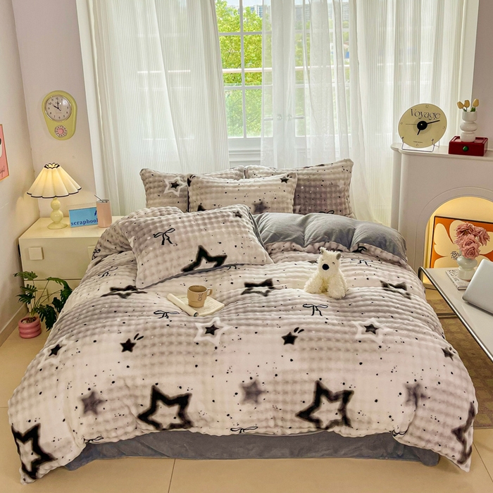 梦纤绒 2025新款保暖舒适亲肤泡泡绒四件套 云纹五角星