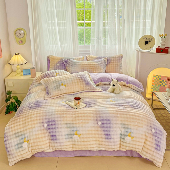 梦纤绒 2025新款保暖舒适亲肤泡泡绒四件套 云纹云朵紫