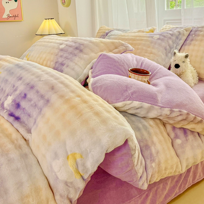 91家纺网 家纺一手货源 找家纺 梦纤绒 2025新款保暖舒适亲肤泡泡绒四件套 云纹云朵紫