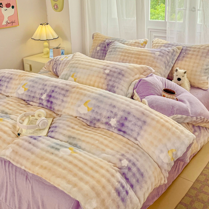 91家纺网 家纺一手货源 找家纺 梦纤绒 2025新款保暖舒适亲肤泡泡绒四件套 云纹云朵紫