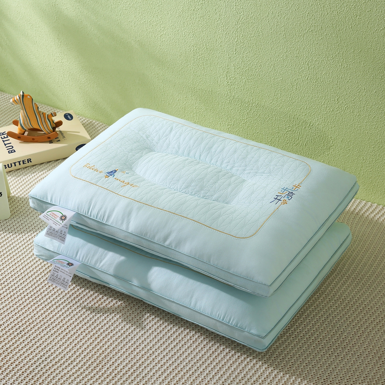 宇诺家纺 2025新款步步高升枕头枕芯 晴空蓝