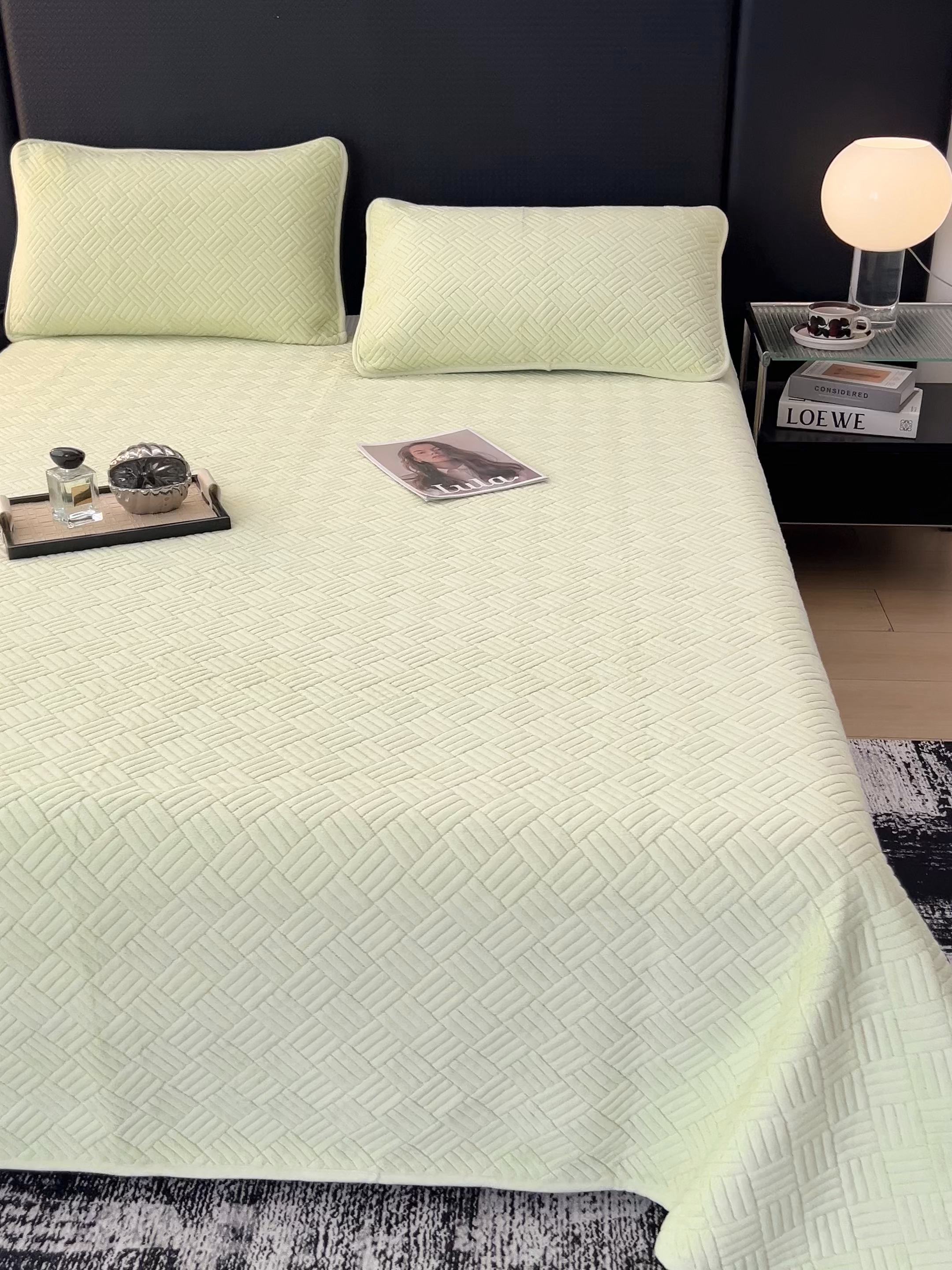 91家纺网 家纺一手货源 找家纺 茉夕家纺 2025新款云朵系列棉+牛奶绒单床盖 床盖单件 云朵-青果绿