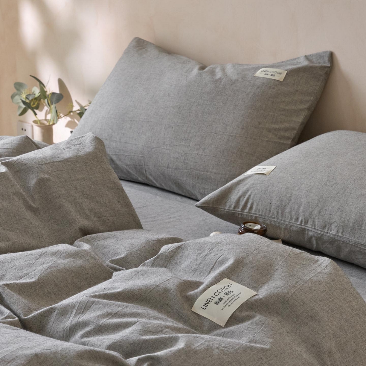 91家纺网 家纺一手货源 找家纺 涵宸家纺 2025新款色织棉麻四件套 原点-灰