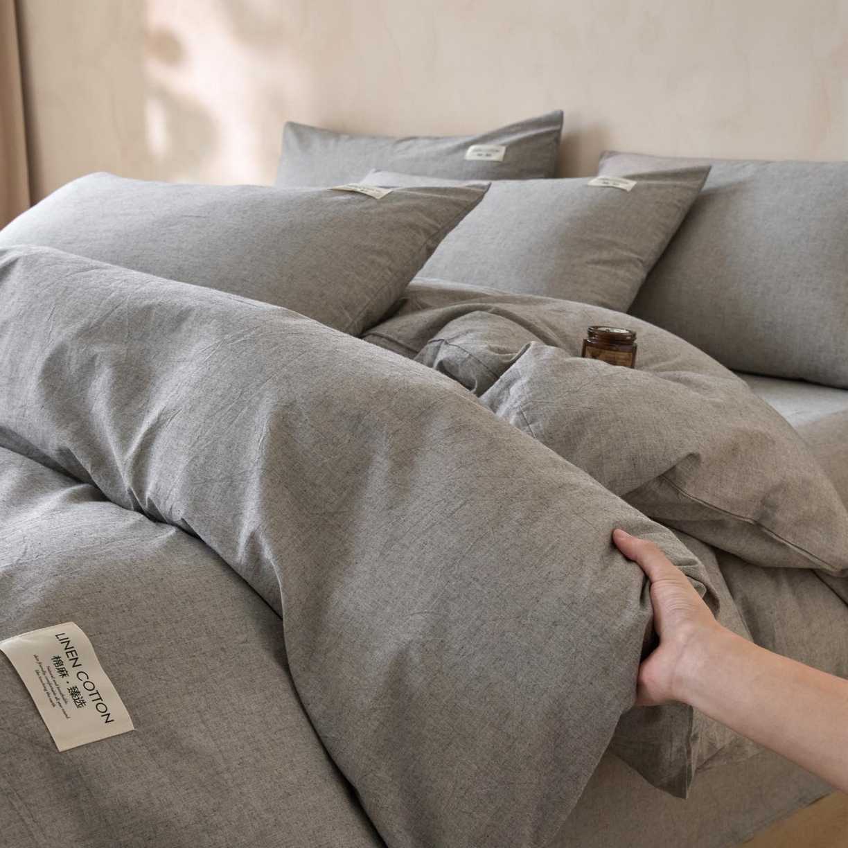 91家纺网 家纺一手货源 找家纺 涵宸家纺 2025新款色织棉麻四件套 原点-灰