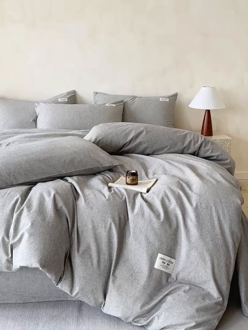 91家纺网 家纺一手货源 找家纺 涵宸家纺 2025新款色织棉麻四件套 原点-灰