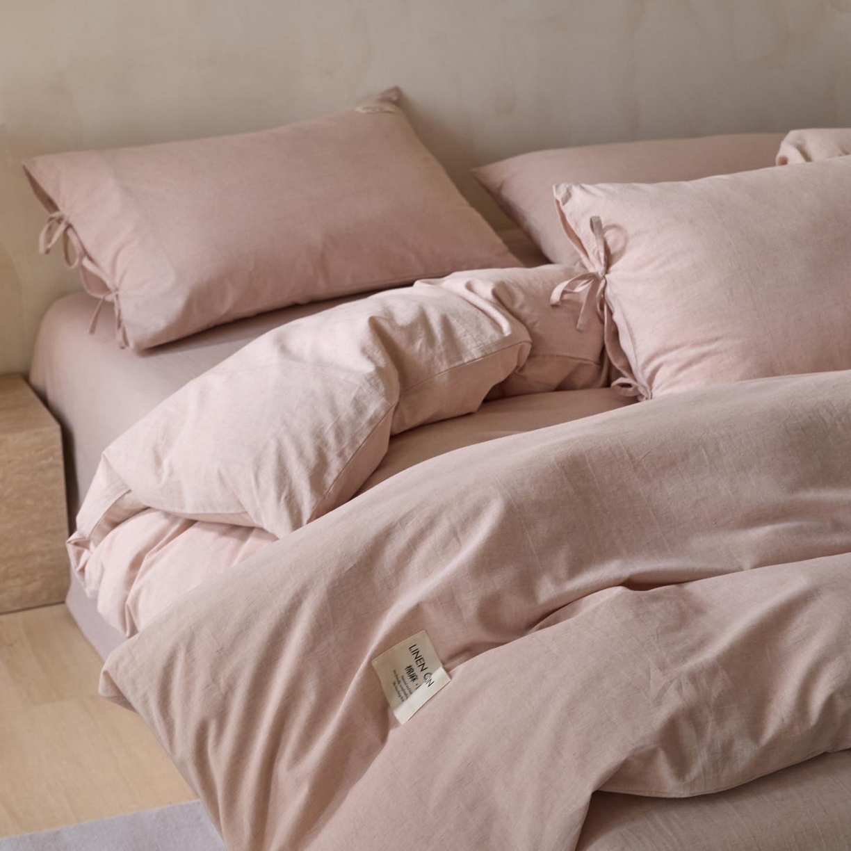 91家纺网 家纺一手货源 找家纺 涵宸家纺 2025新款色织棉麻四件套 原点-浅粉