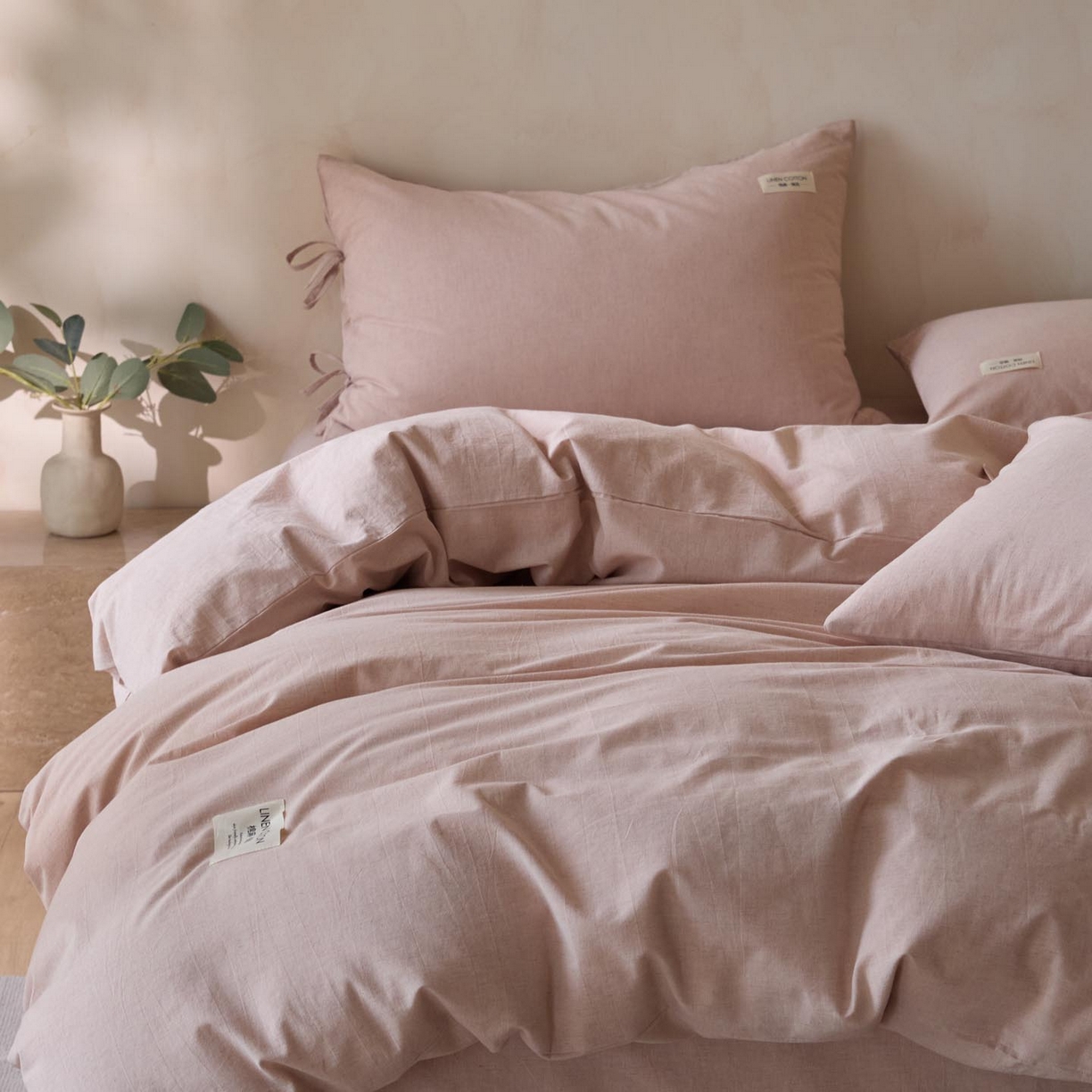 91家纺网 家纺一手货源 找家纺 涵宸家纺 2025新款色织棉麻四件套 原点-浅粉