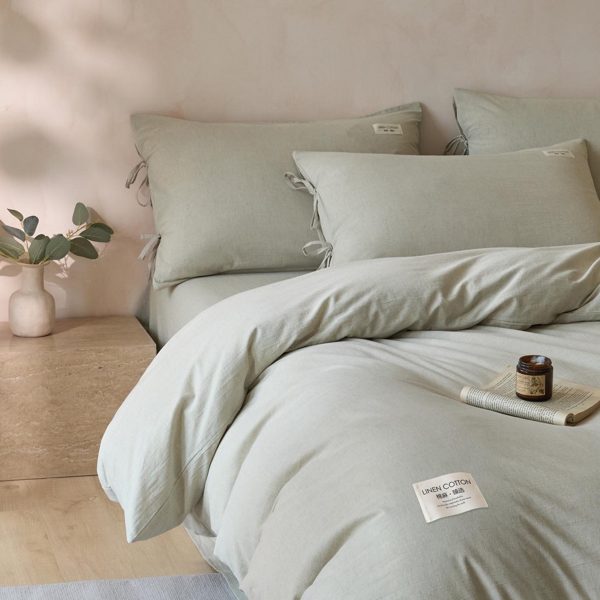 91家纺网 家纺一手货源 找家纺 涵宸家纺 2025新款色织棉麻四件套 原点-浅绿