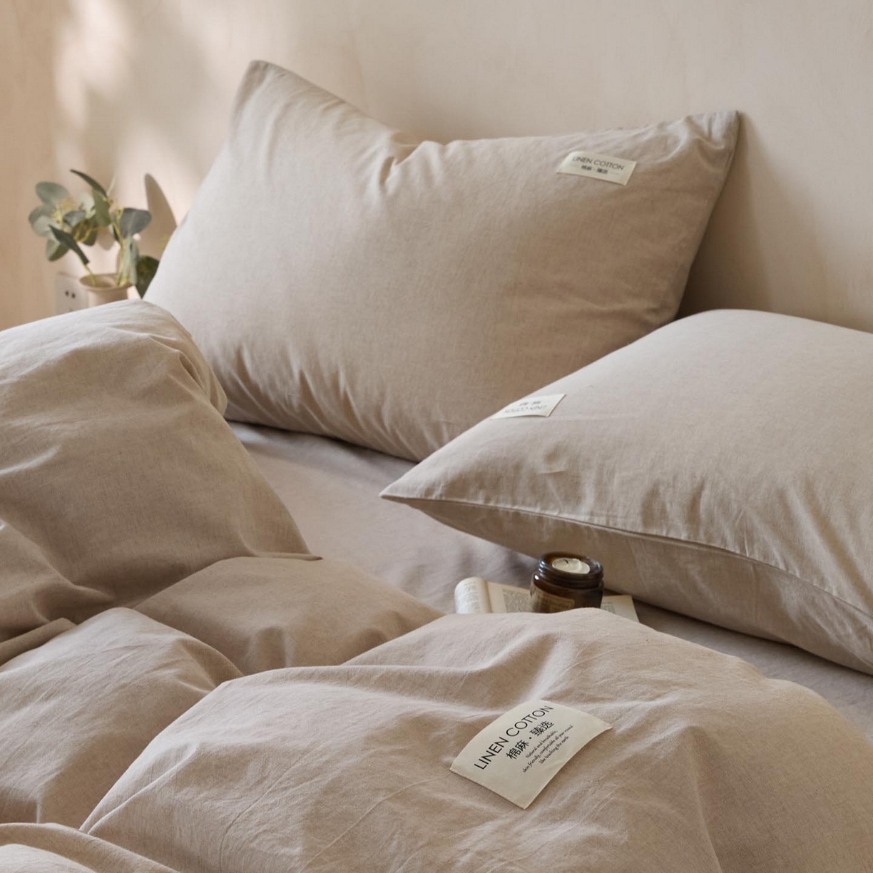 91家纺网 家纺一手货源 找家纺 涵宸家纺 2025新款色织棉麻四件套 原点-浅驼