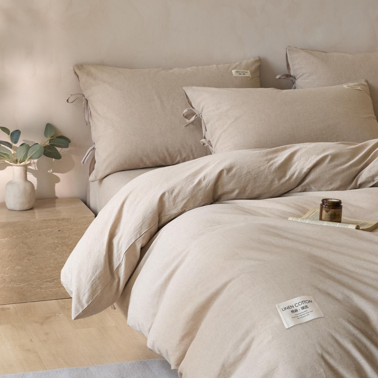 91家纺网 家纺一手货源 找家纺 涵宸家纺 2025新款色织棉麻四件套 原点-浅驼