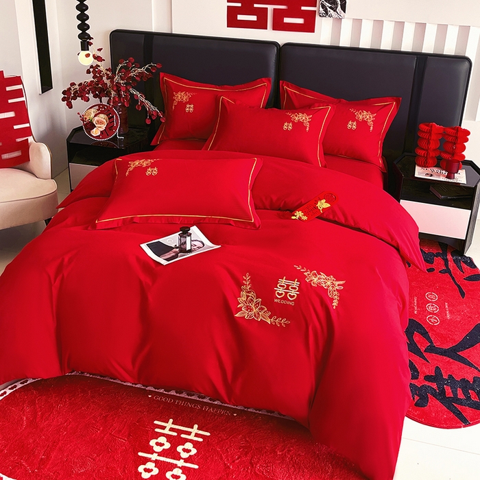 91家纺网 家纺一手货源 找家纺 艾橙家纺 2025新款大红云朵棉刺绣婚庆系列四件套 百年好和