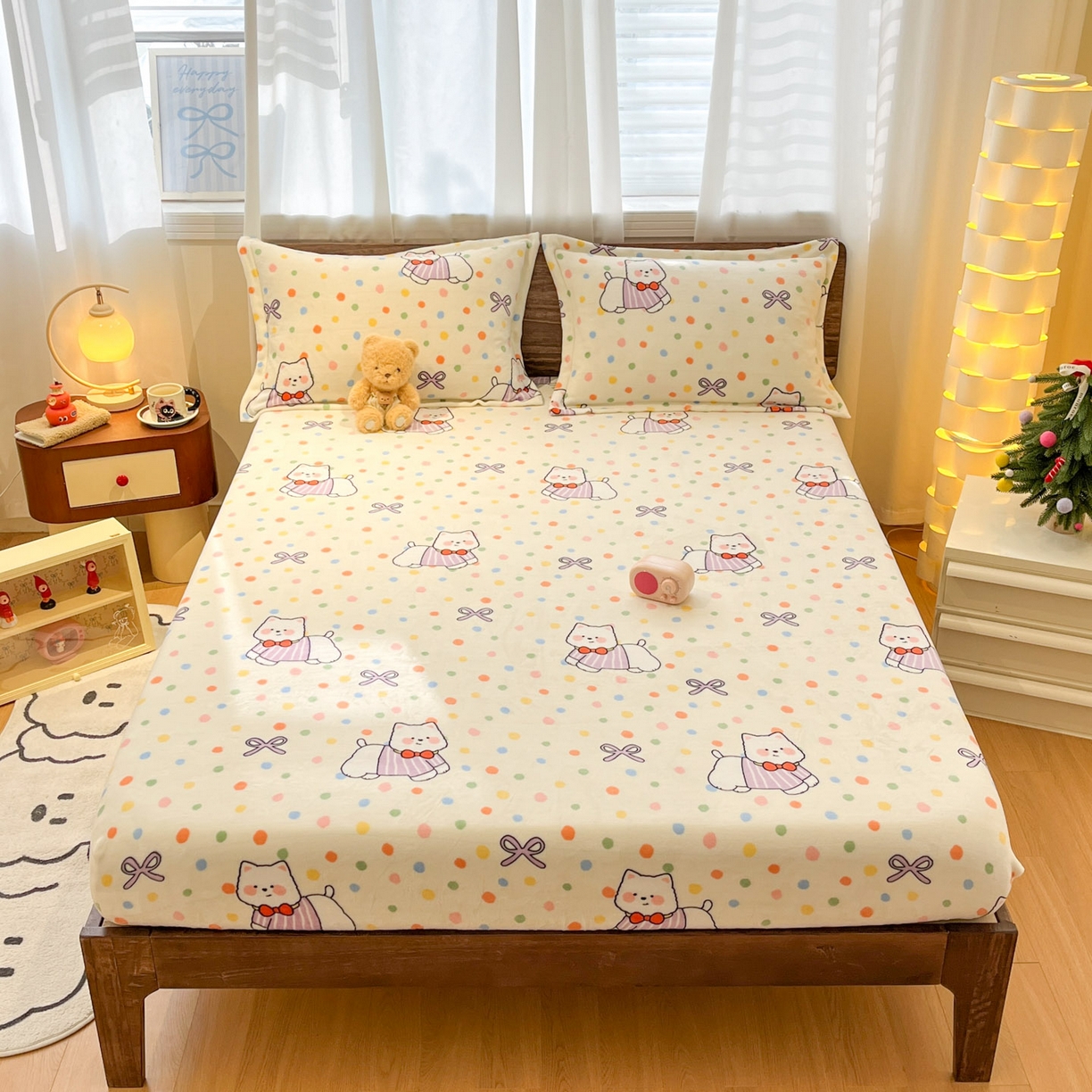 91家纺网 家纺一手货源 找家纺 寻米 2025新款加厚牛奶绒印花床笠-大床牛奶绒床笠一号 彩虹小狗