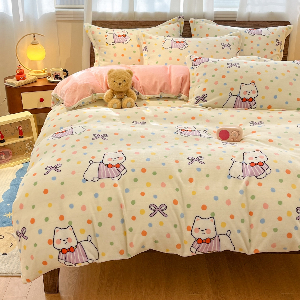 91家纺网 家纺一手货源 找家纺 寻米 2025新款加厚牛奶绒印花床笠-大床牛奶绒床笠一号 彩虹小狗