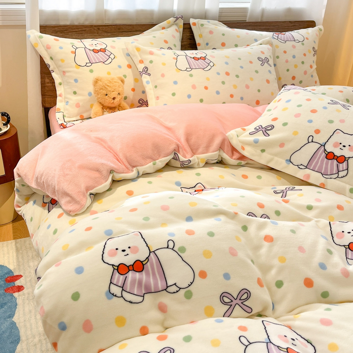 91家纺网 家纺一手货源 找家纺 寻米 2025新款加厚牛奶绒印花床笠-大床牛奶绒床笠一号 彩虹小狗