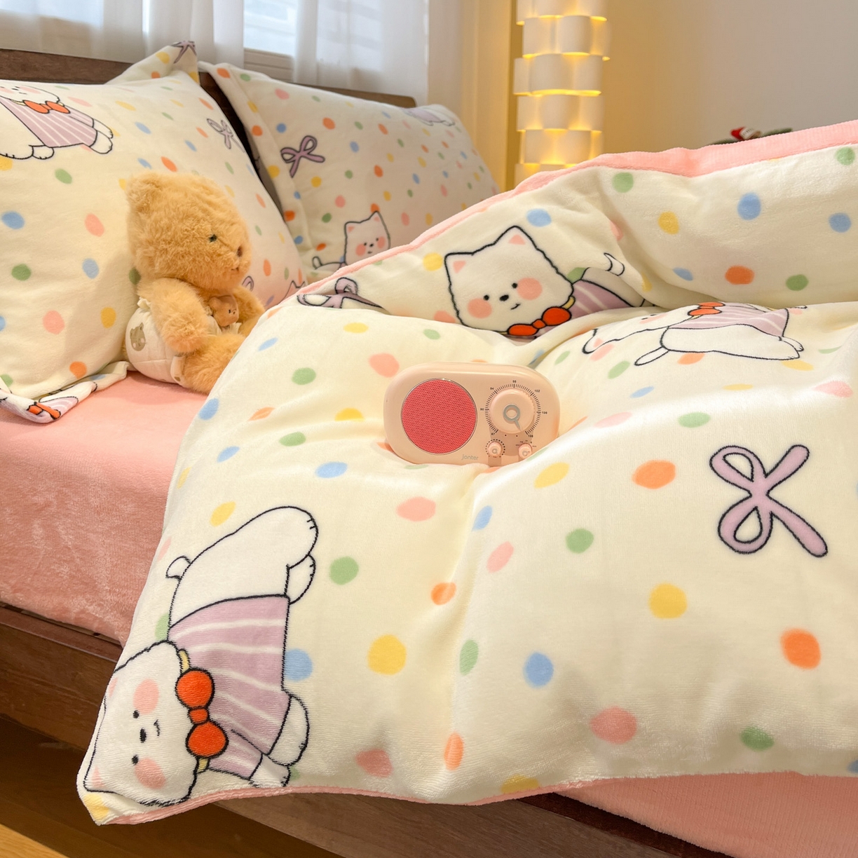 91家纺网 家纺一手货源 找家纺 寻米 2025新款加厚牛奶绒印花床笠-大床牛奶绒床笠一号 彩虹小狗