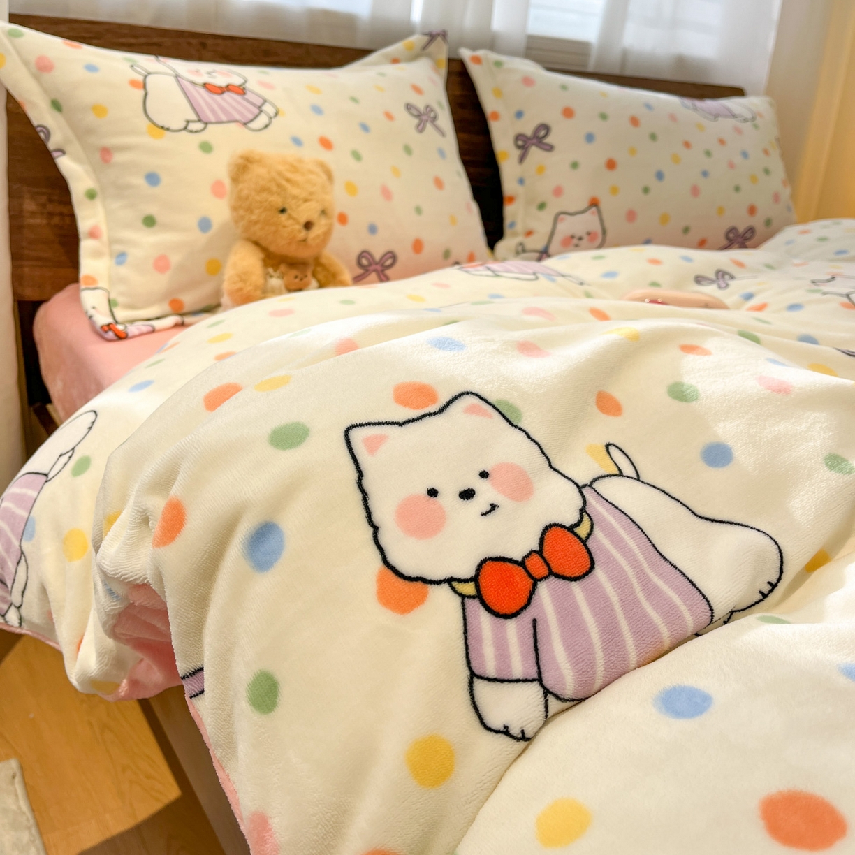 91家纺网 家纺一手货源 找家纺 寻米 2025新款加厚牛奶绒印花床笠-大床牛奶绒床笠一号 彩虹小狗