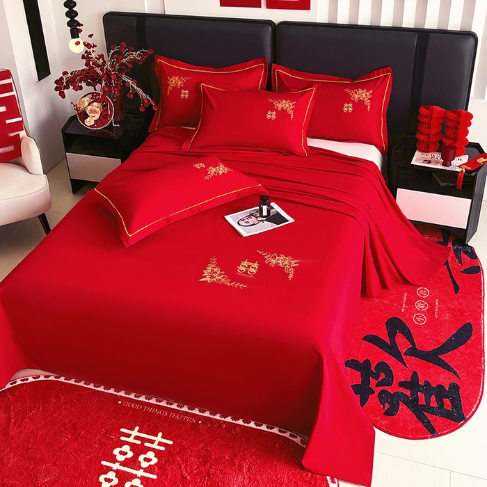 91家纺网 家纺一手货源 找家纺 （总）艾橙家纺 2025新款大红云朵棉刺绣婚庆系列单床单床单单件