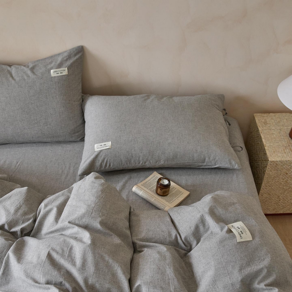 91家纺网 家纺一手货源 找家纺 涵宸家纺 2025新款色织棉麻四件套系列-单被套 原点-灰