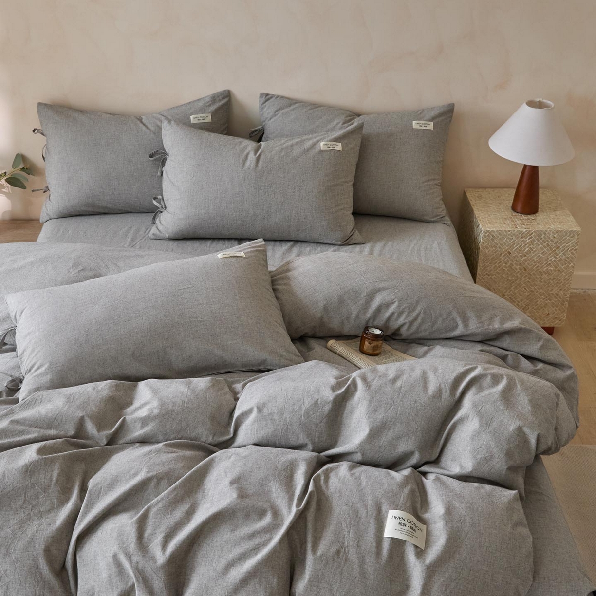 91家纺网 家纺一手货源 找家纺 涵宸家纺 2025新款色织棉麻四件套系列-单被套 原点-灰