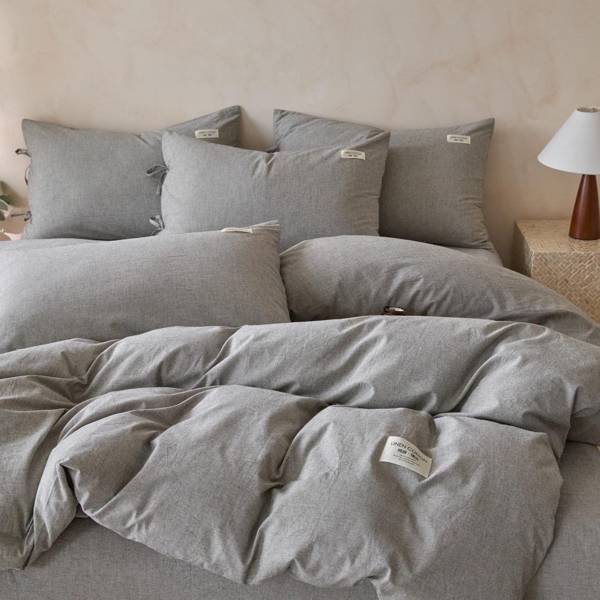 91家纺网 家纺一手货源 找家纺 涵宸家纺 2025新款色织棉麻四件套系列-单被套 原点-灰