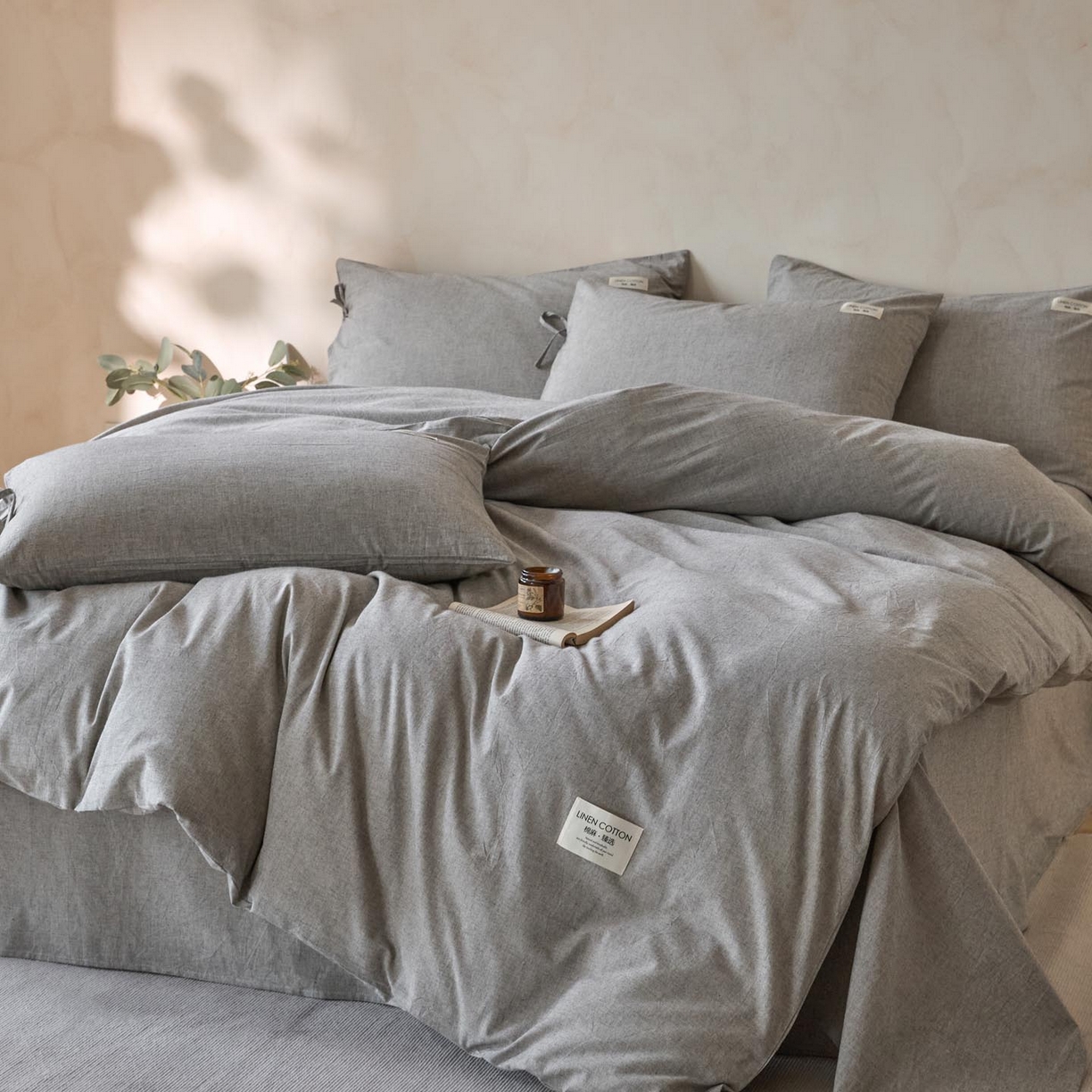 91家纺网 家纺一手货源 找家纺 涵宸家纺 2025新款色织棉麻四件套系列-单被套 原点-灰