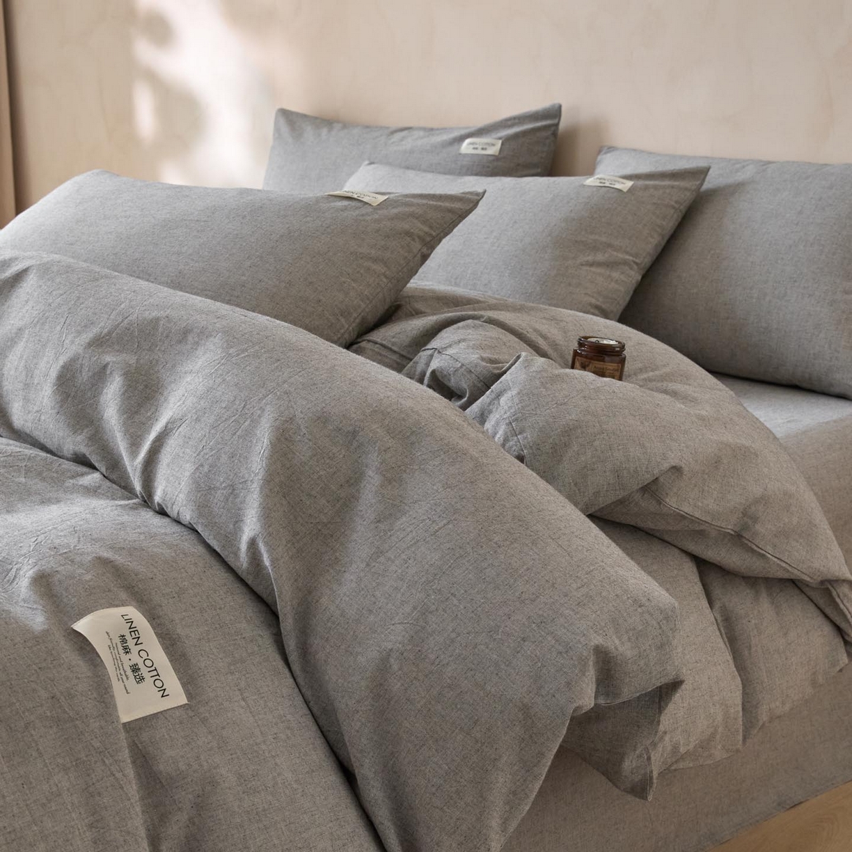 91家纺网 家纺一手货源 找家纺 涵宸家纺 2025新款色织棉麻四件套系列-单被套 原点-灰