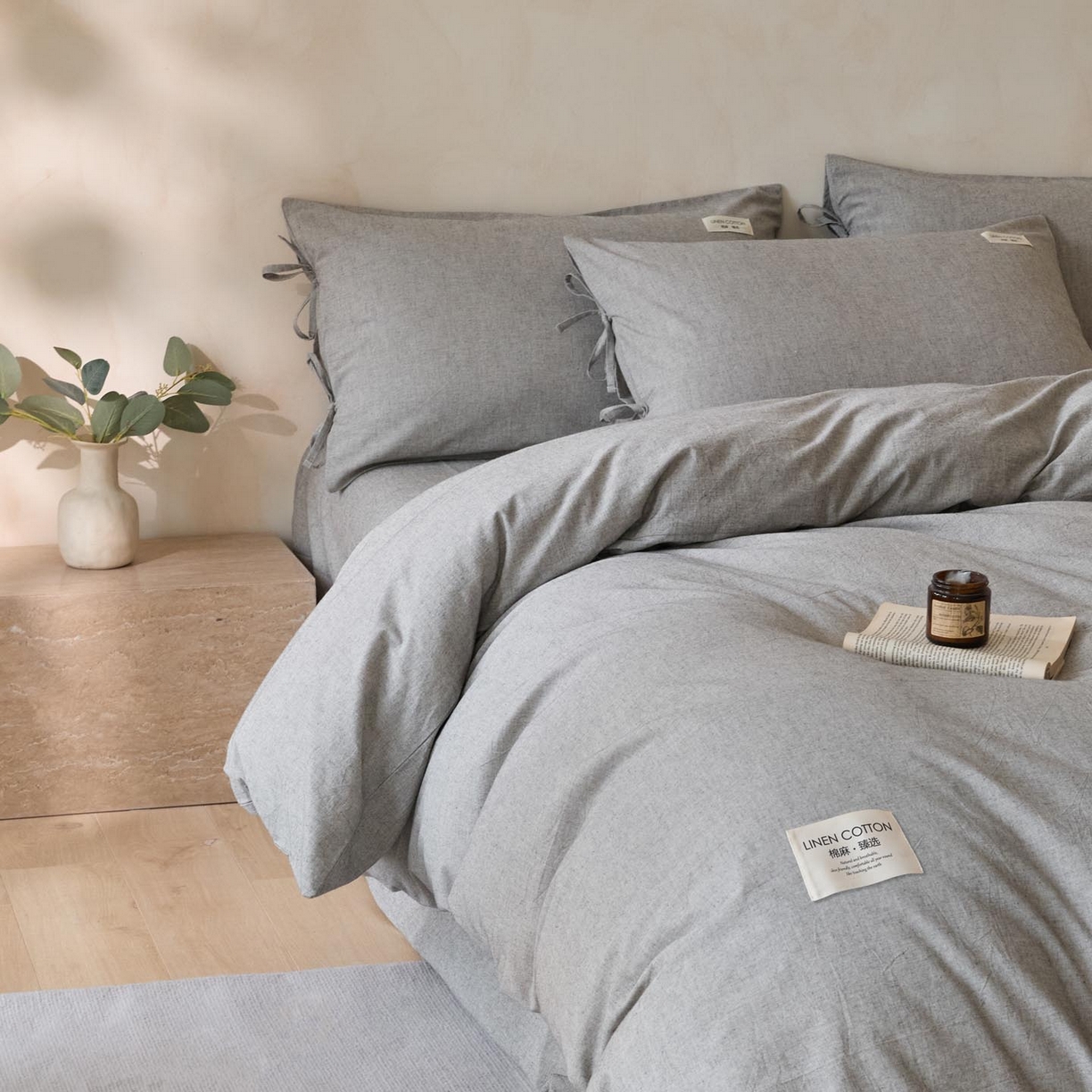 91家纺网 家纺一手货源 找家纺 涵宸家纺 2025新款色织棉麻四件套系列-单被套 原点-灰