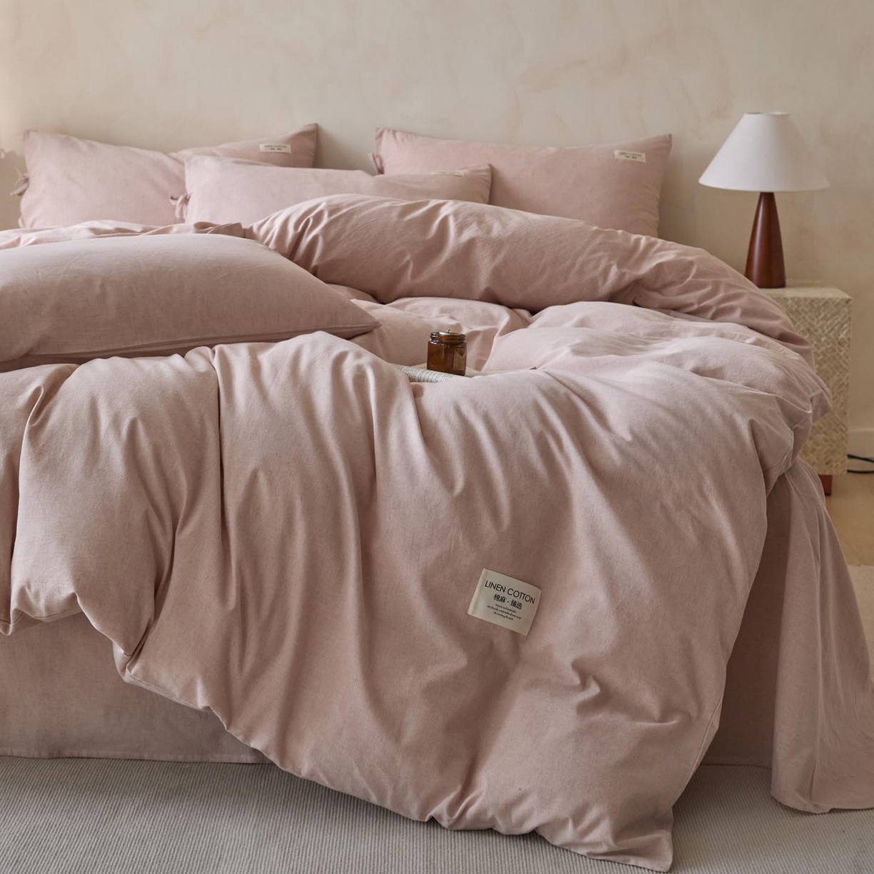91家纺网 家纺一手货源 找家纺 涵宸家纺 2025新款色织棉麻四件套系列-单被套 原点-浅粉