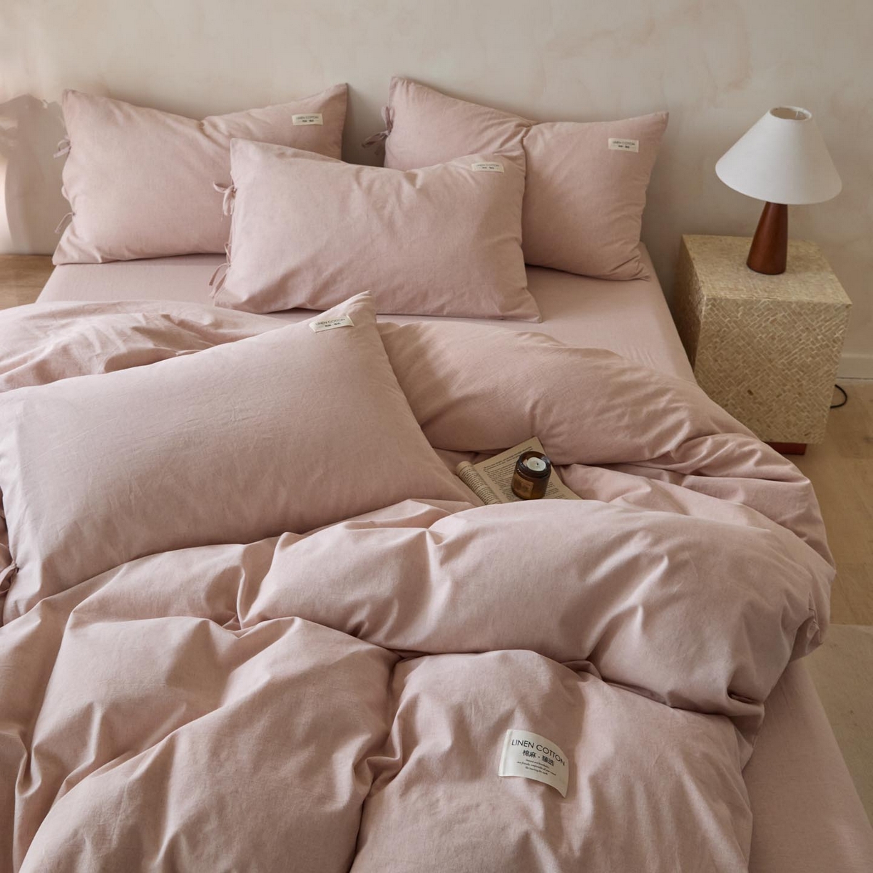 91家纺网 家纺一手货源 找家纺 涵宸家纺 2025新款色织棉麻四件套系列-单被套 原点-浅粉
