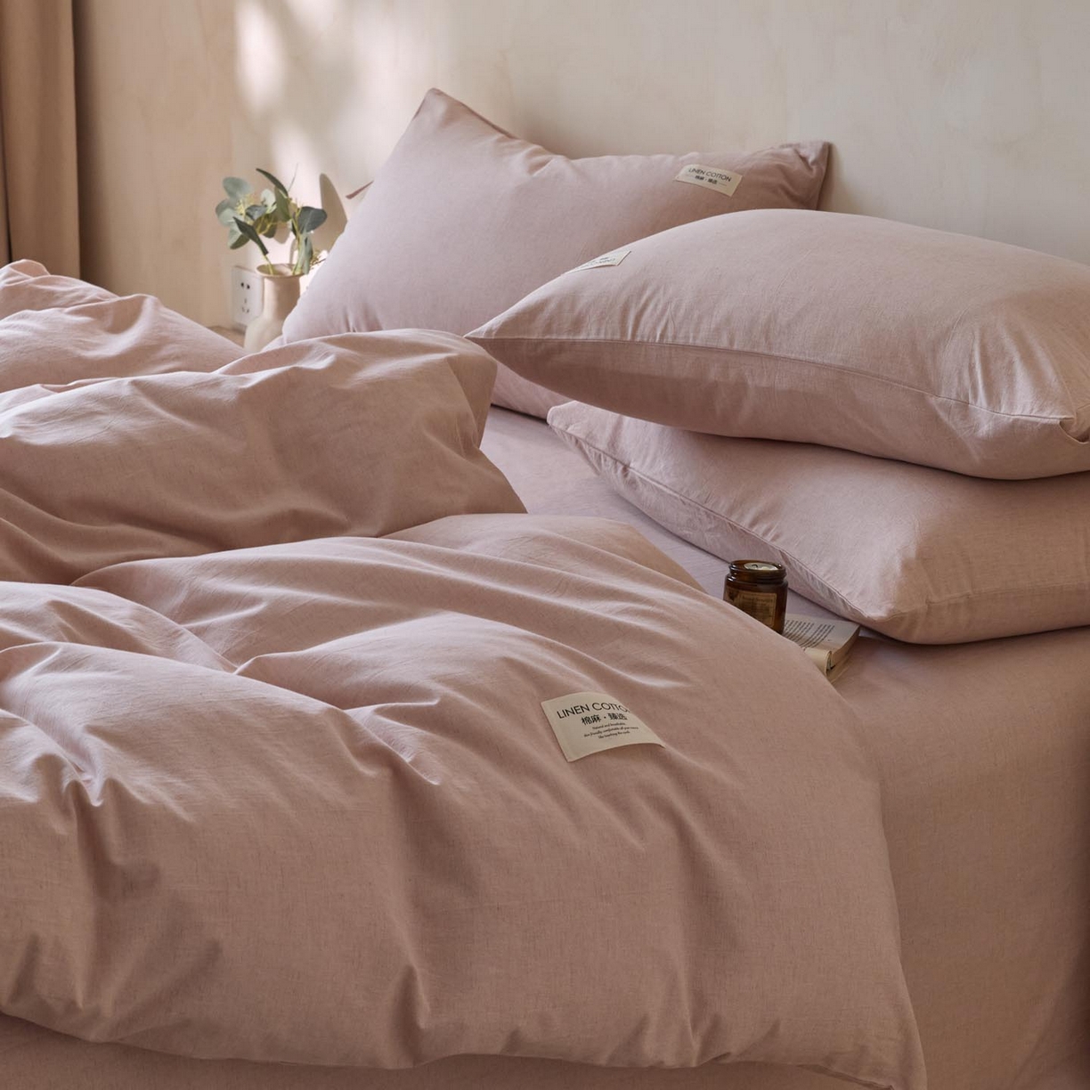 91家纺网 家纺一手货源 找家纺 涵宸家纺 2025新款色织棉麻四件套系列-单被套 原点-浅粉