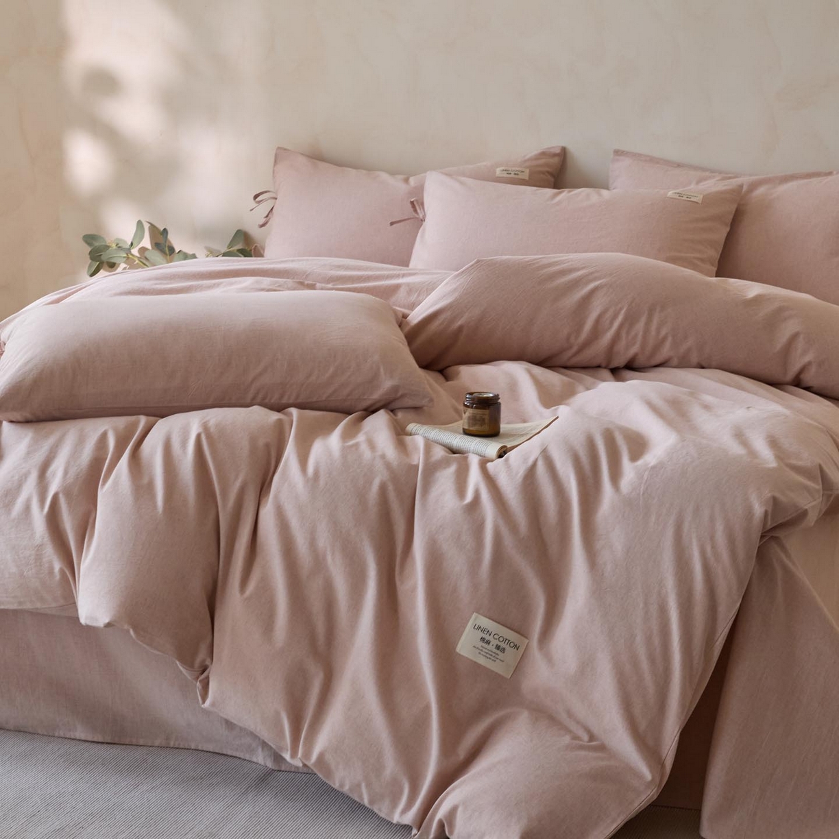 91家纺网 家纺一手货源 找家纺 涵宸家纺 2025新款色织棉麻四件套系列-单被套 原点-浅粉