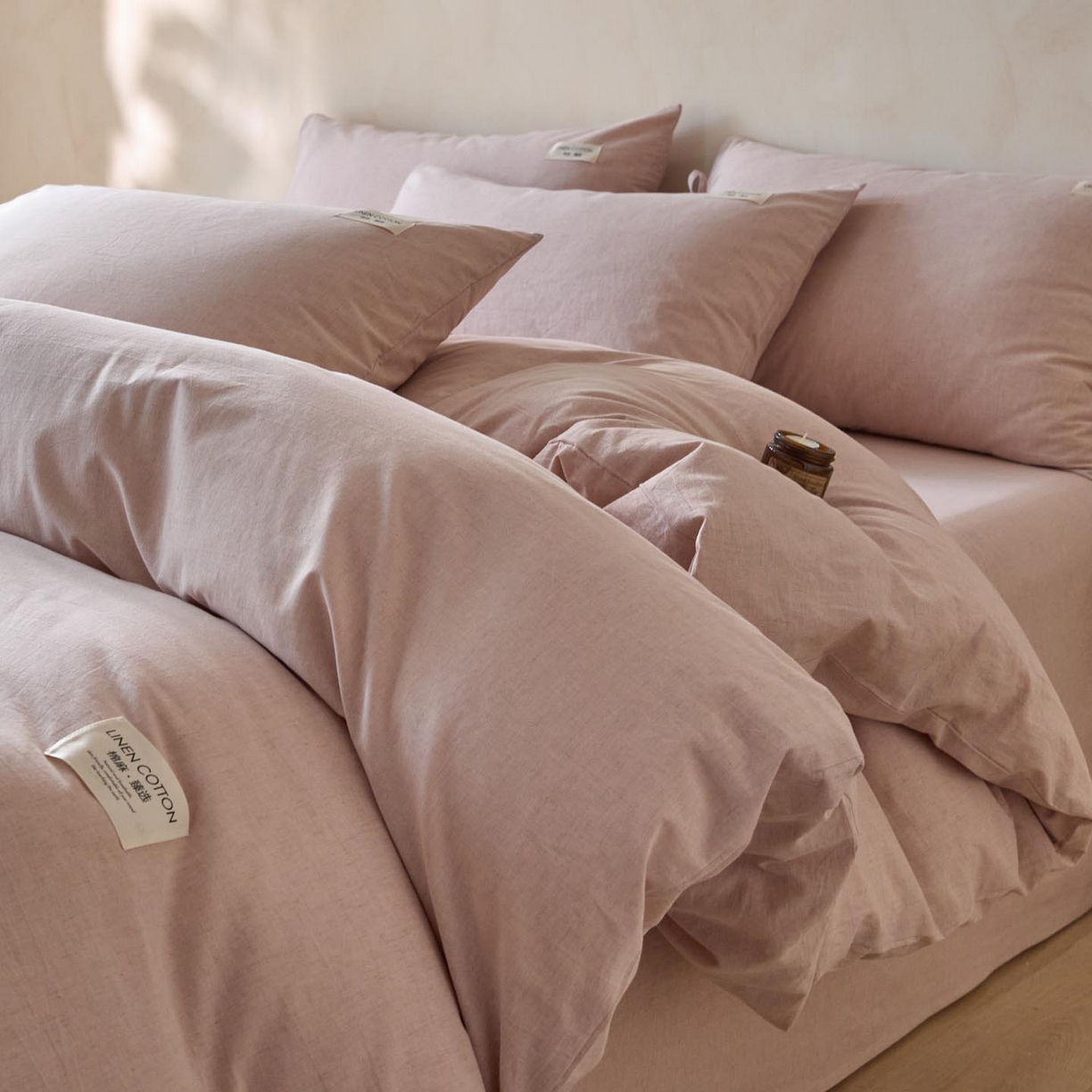 91家纺网 家纺一手货源 找家纺 涵宸家纺 2025新款色织棉麻四件套系列-单被套 原点-浅粉