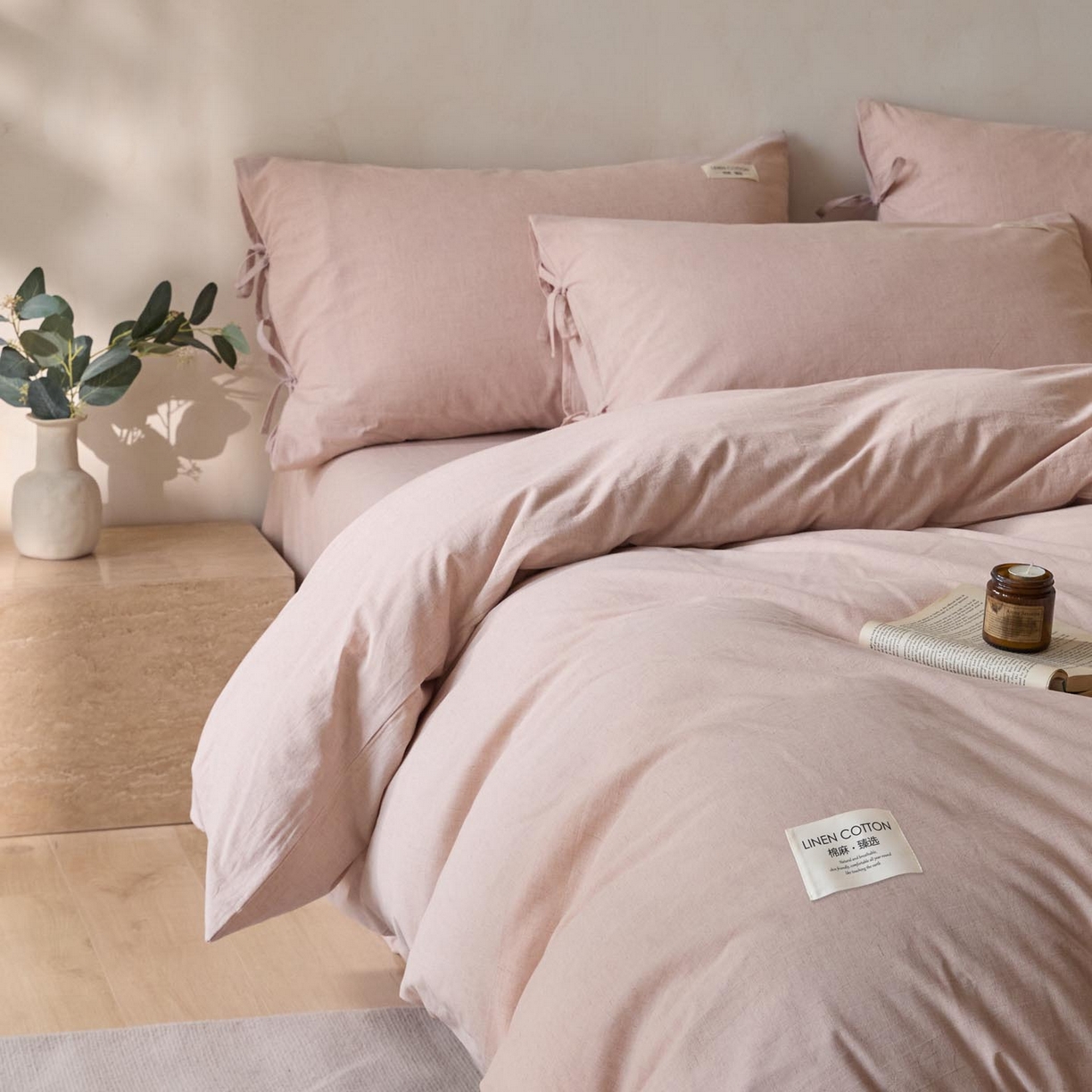 91家纺网 家纺一手货源 找家纺 涵宸家纺 2025新款色织棉麻四件套系列-单被套 原点-浅粉