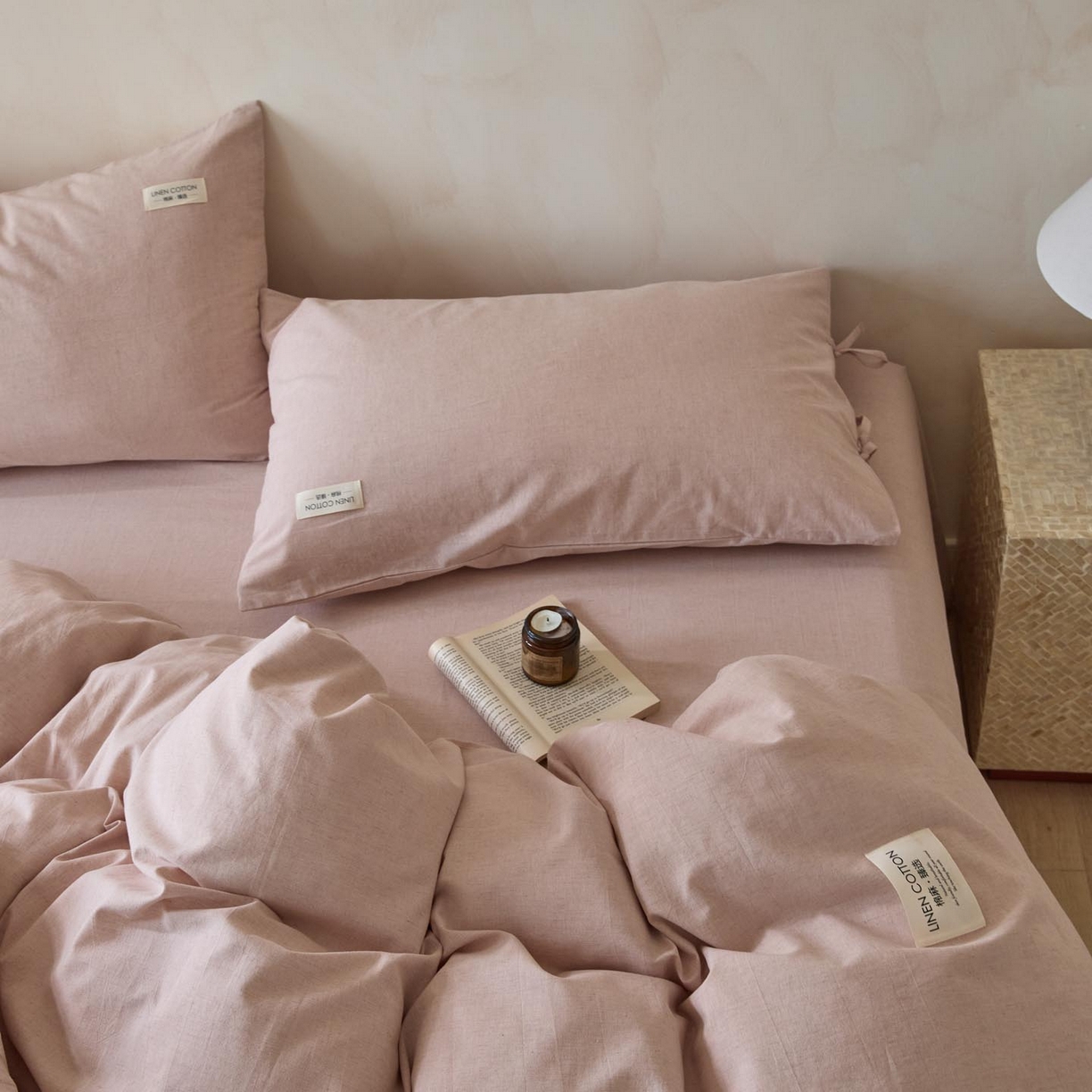 91家纺网 家纺一手货源 找家纺 涵宸家纺 2025新款色织棉麻四件套系列-单被套 原点-浅粉