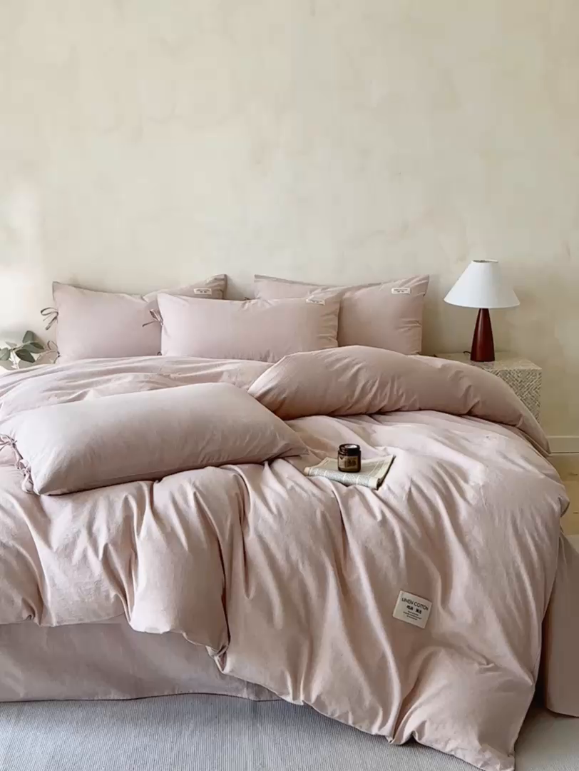 91家纺网 家纺一手货源 找家纺 涵宸家纺 2025新款色织棉麻四件套系列-单被套 原点-浅粉