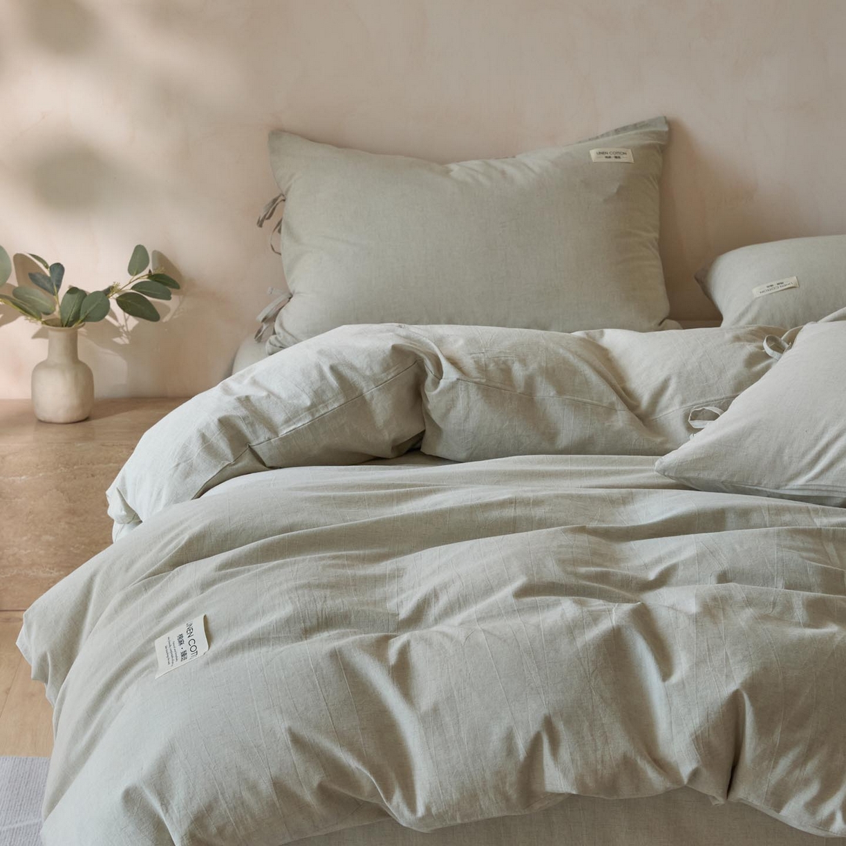 91家纺网 家纺一手货源 找家纺 涵宸家纺 2025新款色织棉麻四件套系列-单被套 原点-浅绿