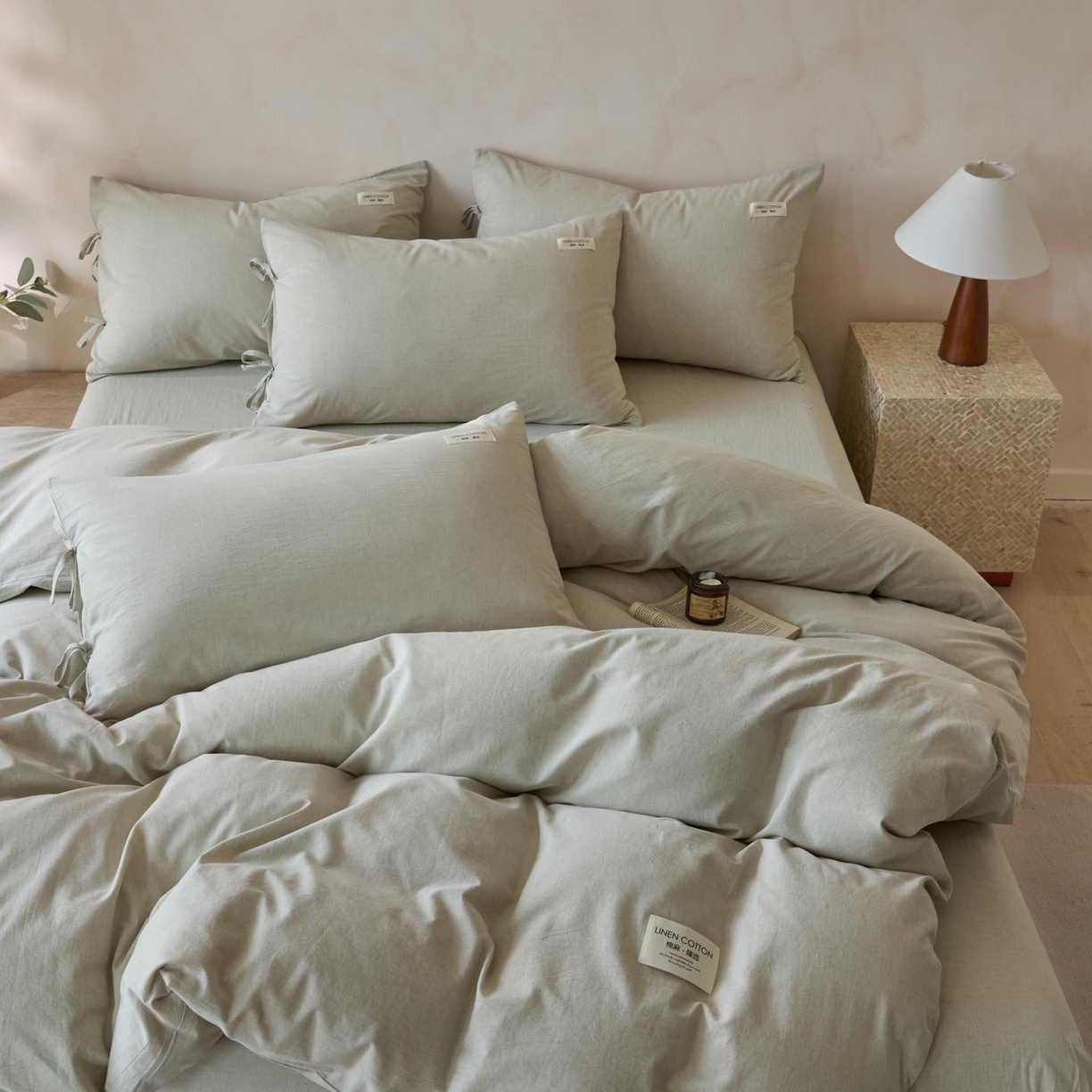 91家纺网 家纺一手货源 找家纺 涵宸家纺 2025新款色织棉麻四件套系列-单被套 原点-浅绿