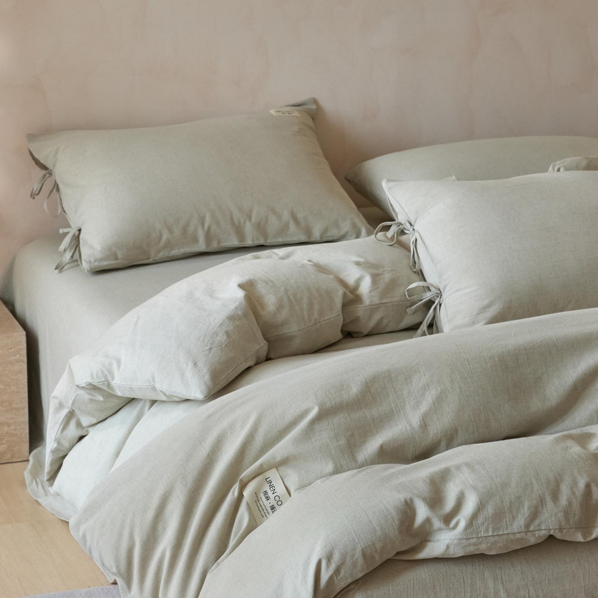 91家纺网 家纺一手货源 找家纺 涵宸家纺 2025新款色织棉麻四件套系列-单被套 原点-浅绿