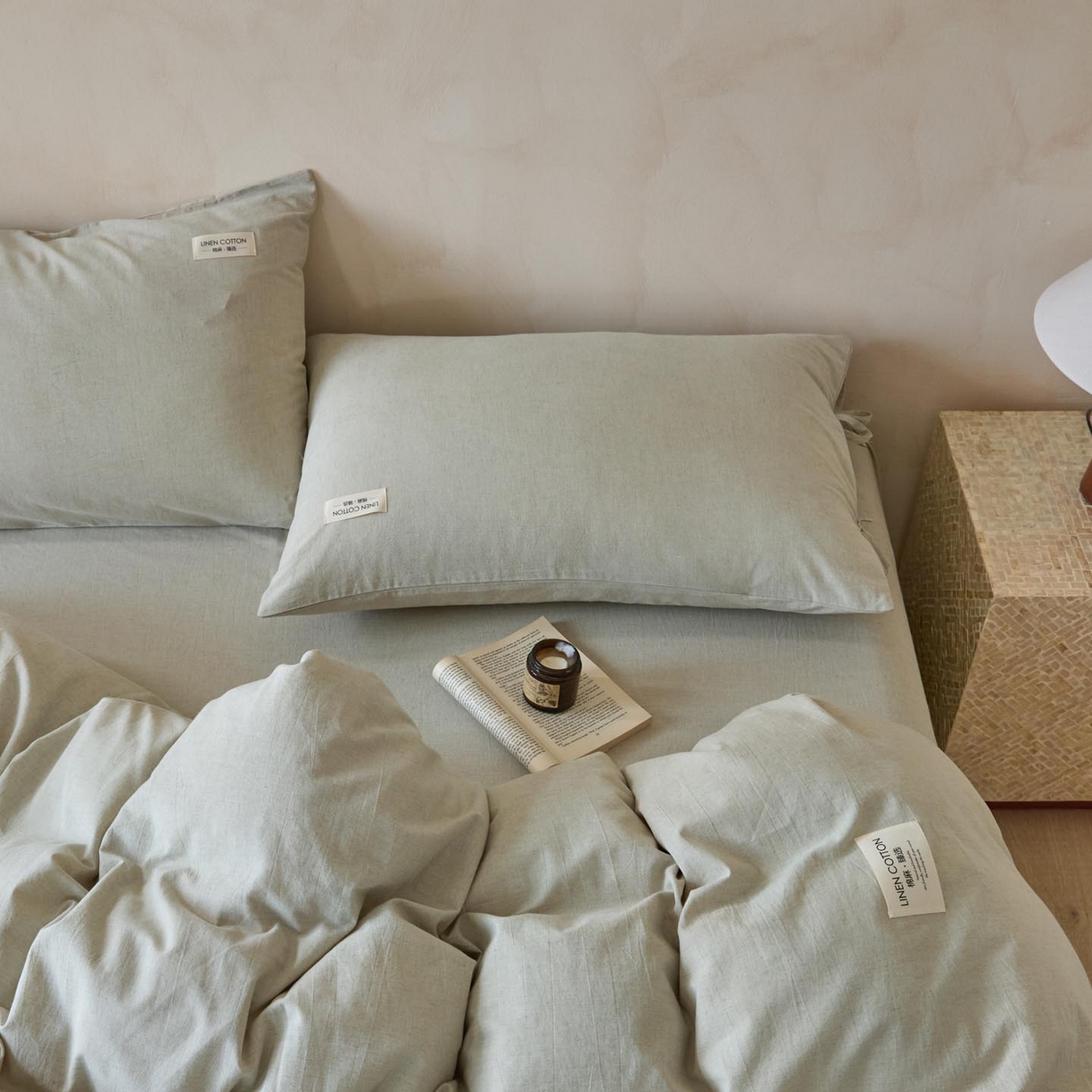 91家纺网 家纺一手货源 找家纺 涵宸家纺 2025新款色织棉麻四件套系列-单被套 原点-浅绿