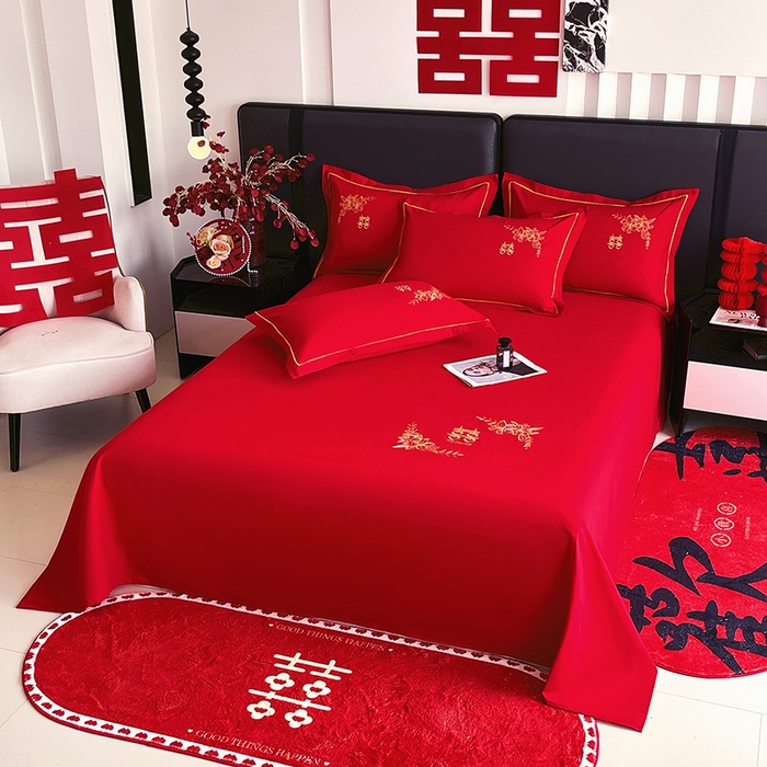 91家纺网 家纺一手货源 找家纺 艾橙家纺 2025新款大红云朵棉刺绣婚庆系列单床单床单单件 百年好和