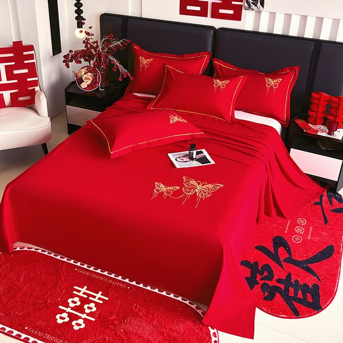 91家纺网 家纺一手货源 找家纺 艾橙家纺 2025新款大红云朵棉刺绣婚庆系列单床单床单单件 比翼双飞