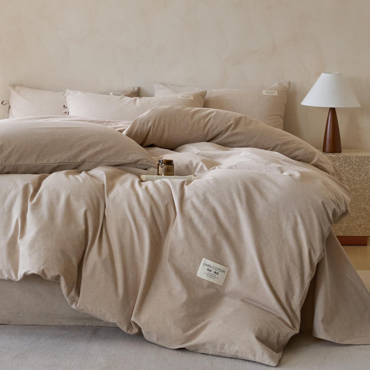 91家纺网 家纺一手货源 找家纺 涵宸家纺 2025新款色织棉麻四件套系列-单被套 原点-浅驼