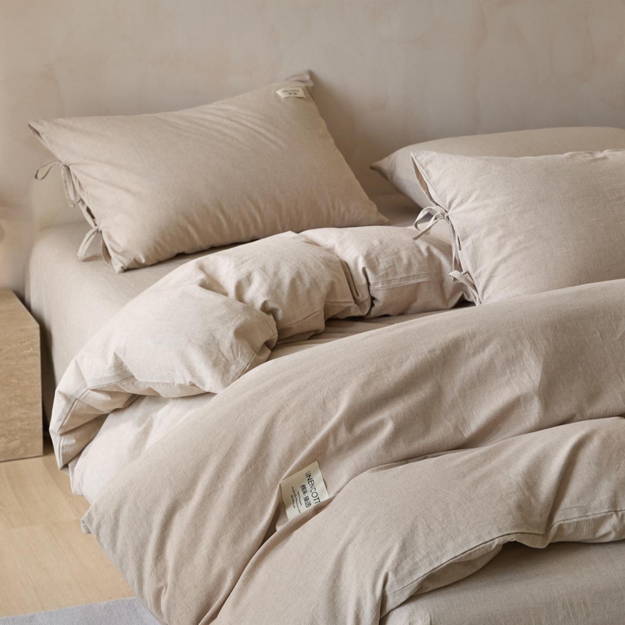 91家纺网 家纺一手货源 找家纺 涵宸家纺 2025新款色织棉麻四件套系列-单被套 原点-浅驼
