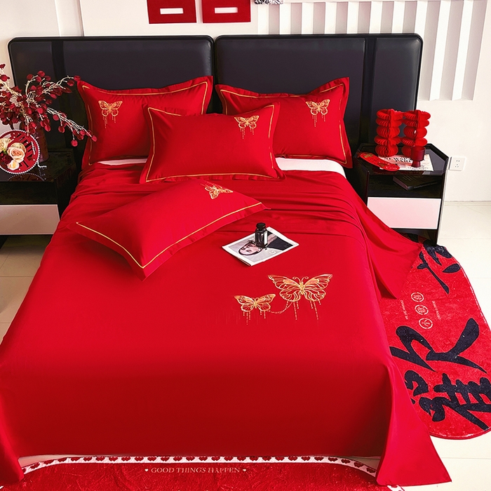 91家纺网 家纺一手货源 找家纺 艾橙家纺 2025新款大红云朵棉刺绣婚庆系列单床单床单单件 比翼双飞