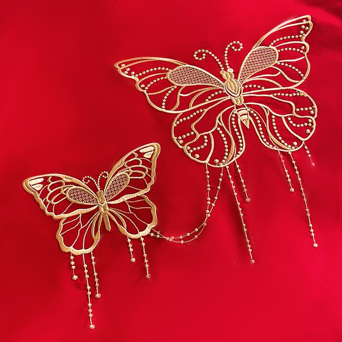 91家纺网 家纺一手货源 找家纺 艾橙家纺 2025新款大红云朵棉刺绣婚庆系列单床单床单单件 比翼双飞